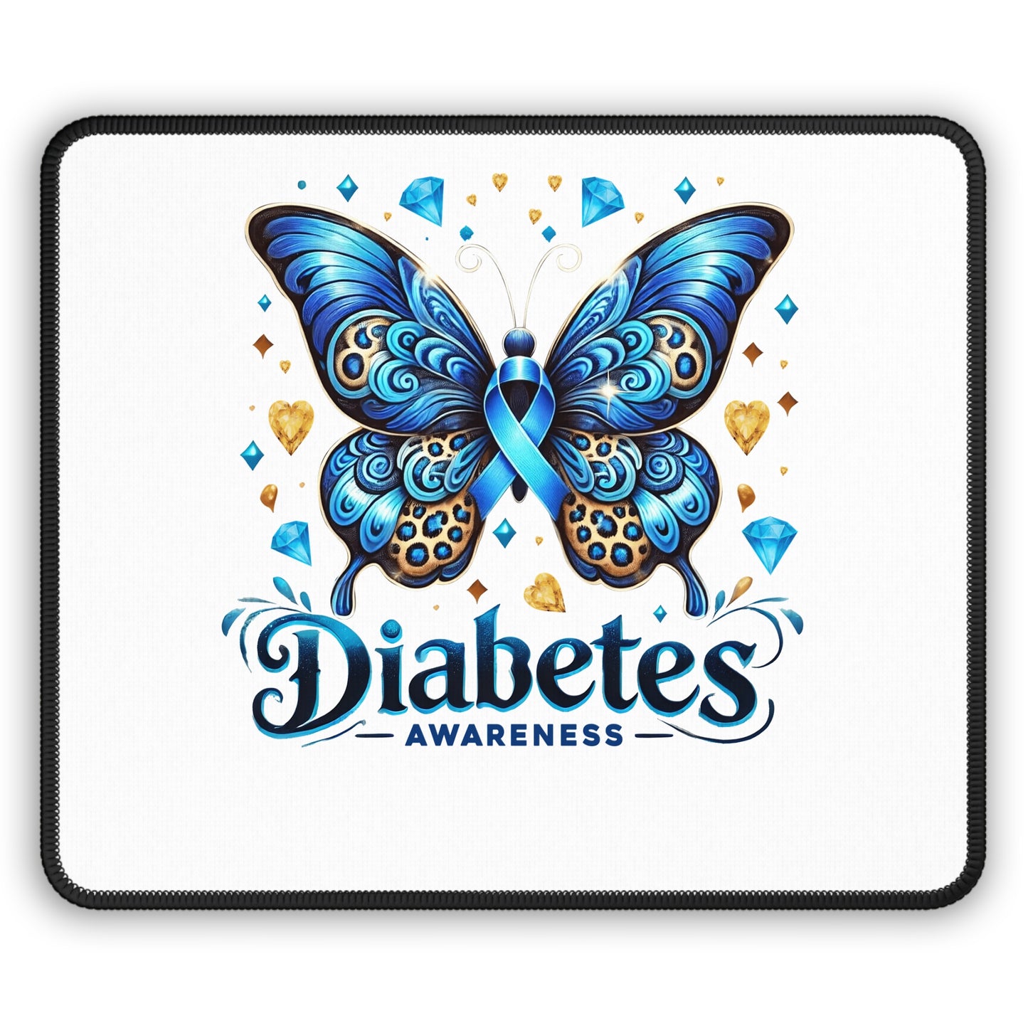 Diabetes Awareness Gaming Mouse Pad — Blue Ribbon Butterfly Design