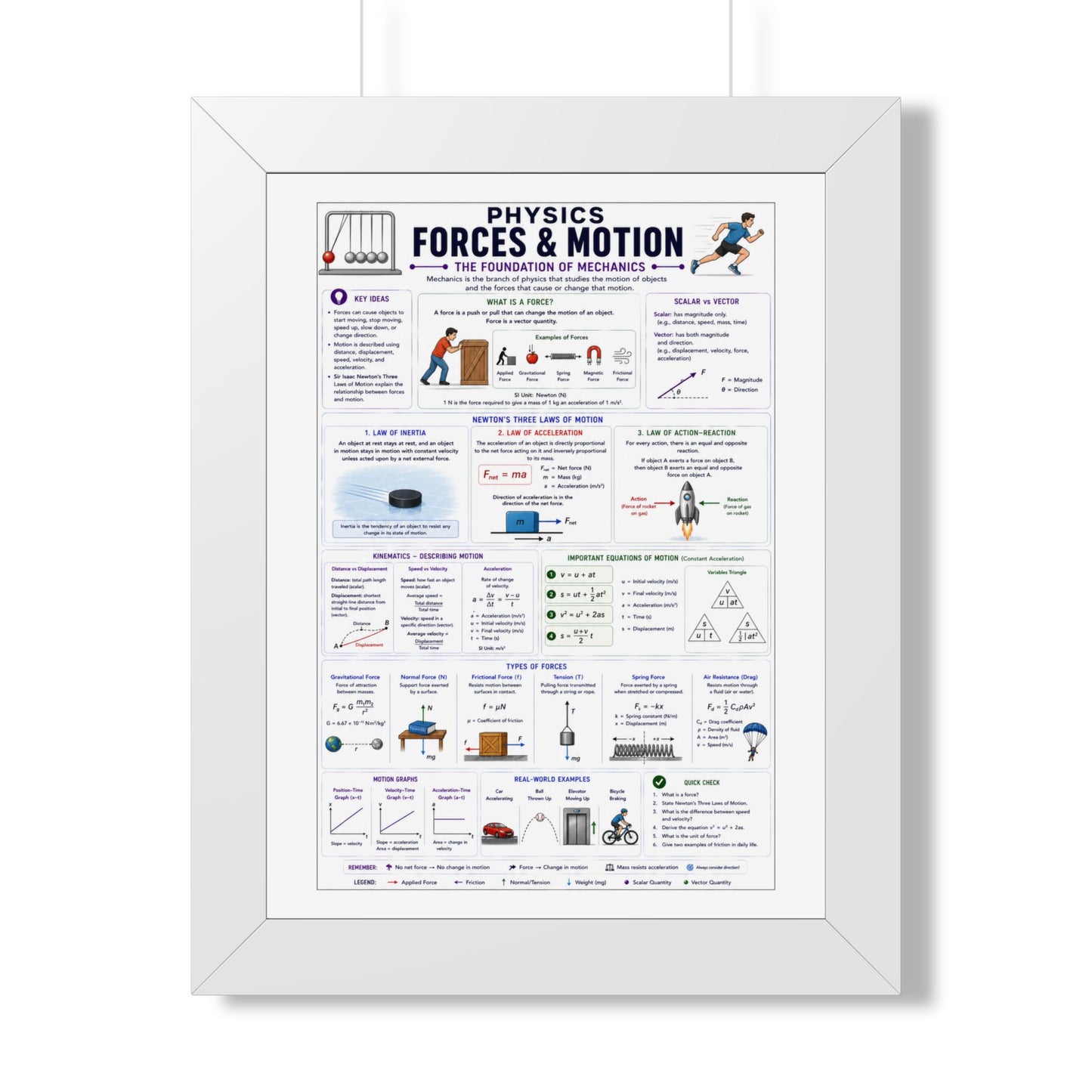 Forces & Motion Physics Poster — Framed Educational Chart