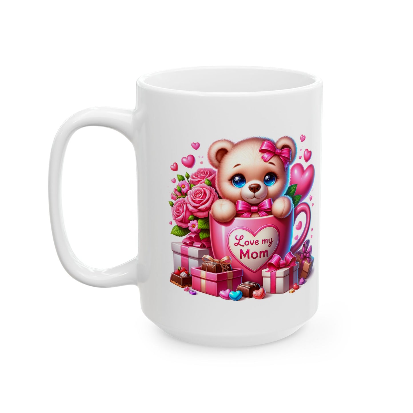 Valentine Teddy Bear Ceramic Mug — Cute Hearts, Roses & Gift Box 11oz/15oz