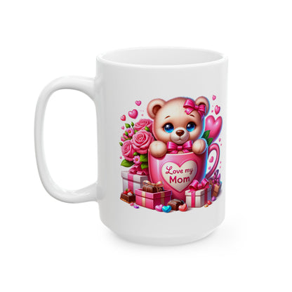 Valentine Teddy Bear Ceramic Mug — Cute Hearts, Roses & Gift Box 11oz/15oz
