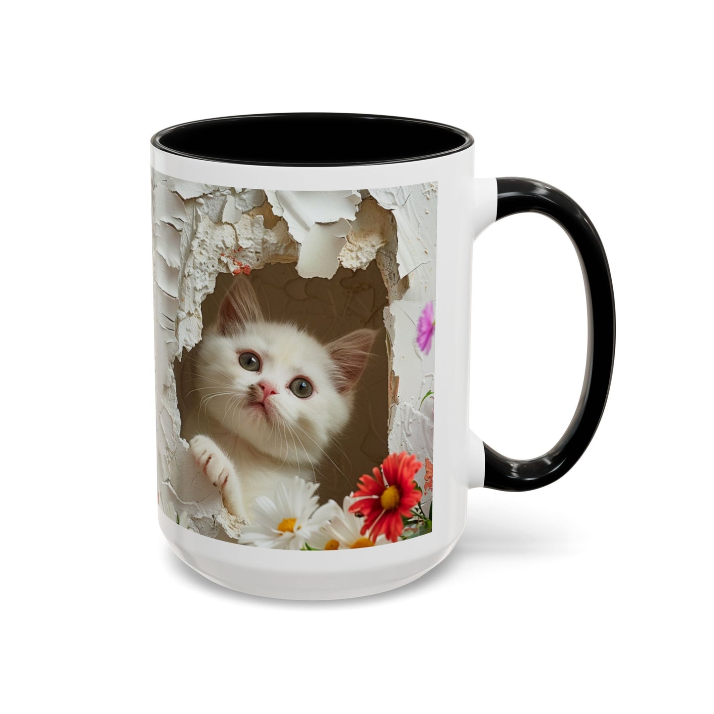 Peek-A-Boo Kitten Accent Coffee Mug — Cute Cat Floral Design (11/15oz)
