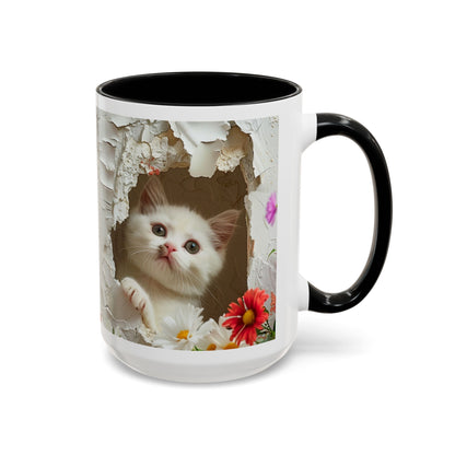 Peek-A-Boo Kitten Accent Coffee Mug — Cute Cat Floral Design (11/15oz)
