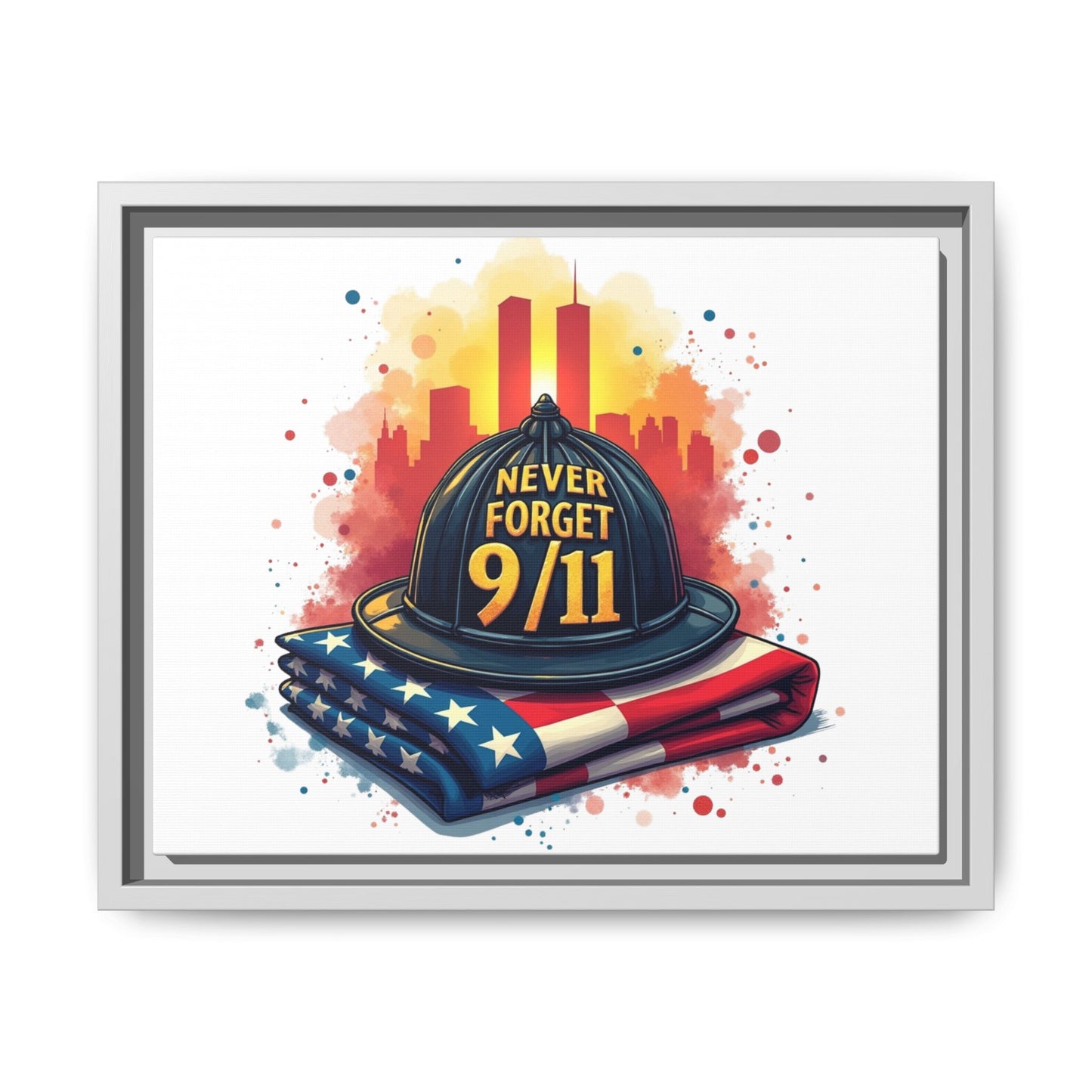 Never Forget 9/11 Framed Canvas Print — Firefighter Helmet & American Flag Memorial Art