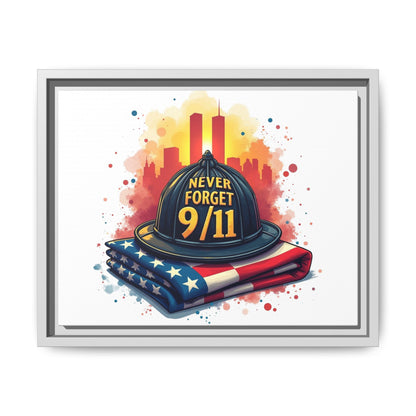 Never Forget 9/11 Framed Canvas Print — Firefighter Helmet & American Flag Memorial Art