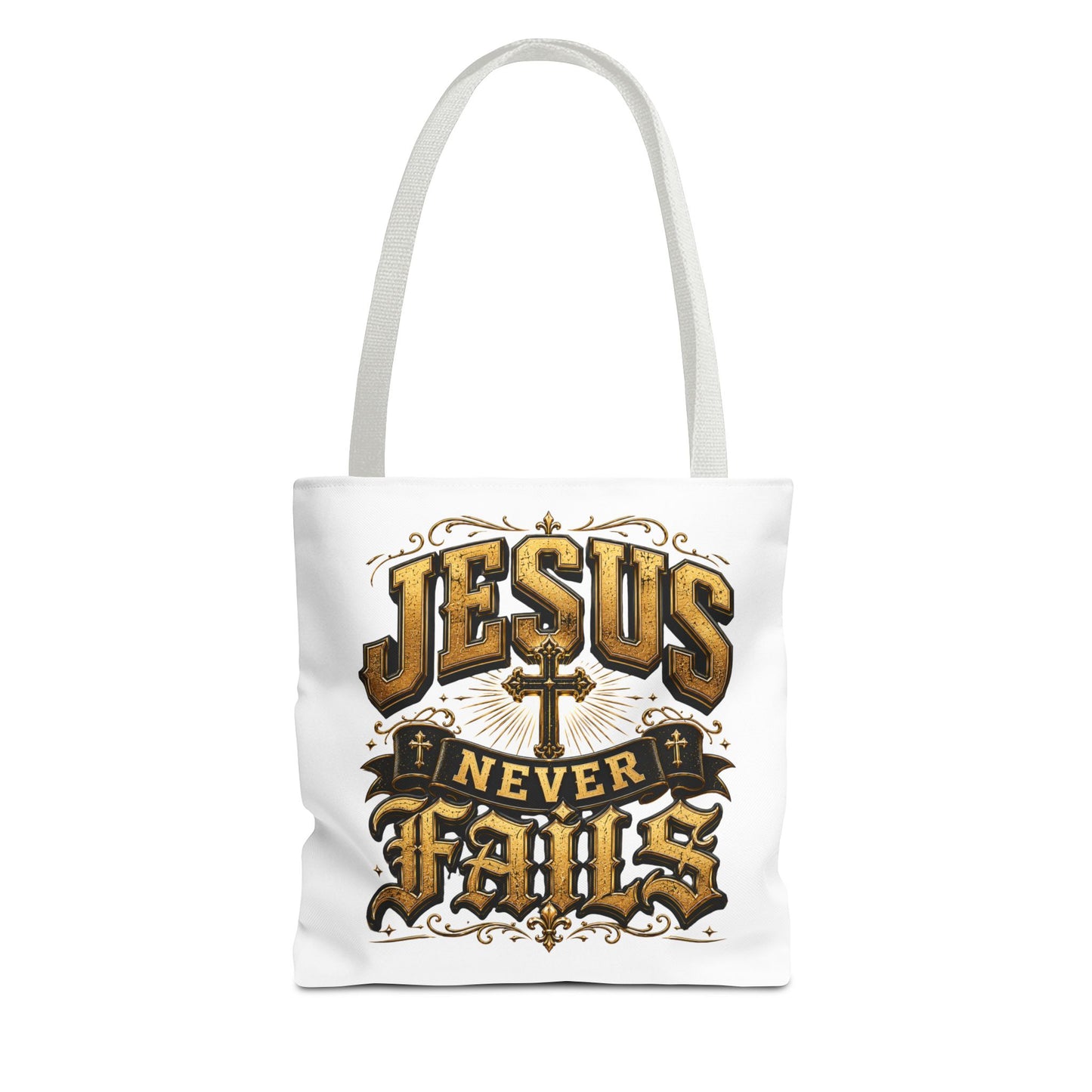 Jesus Never Fails Tote Bag — Christian Faith AOP Canvas Tote
