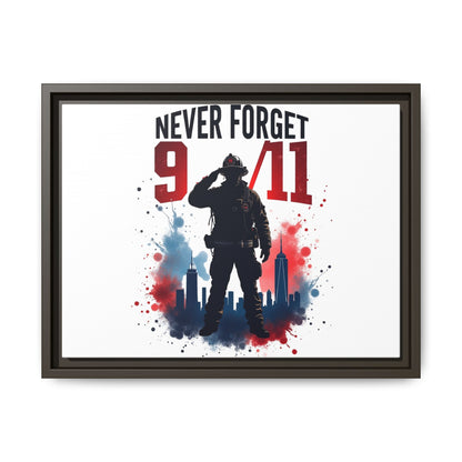 Never Forget 9/11 Framed Canvas Print — Patriotic Firefighter Memorial Art