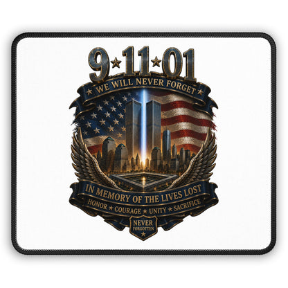 9/11 Memorial Gaming Mouse Pad — "We Will Never Forget" Tribute with Twin Towers & American Flag