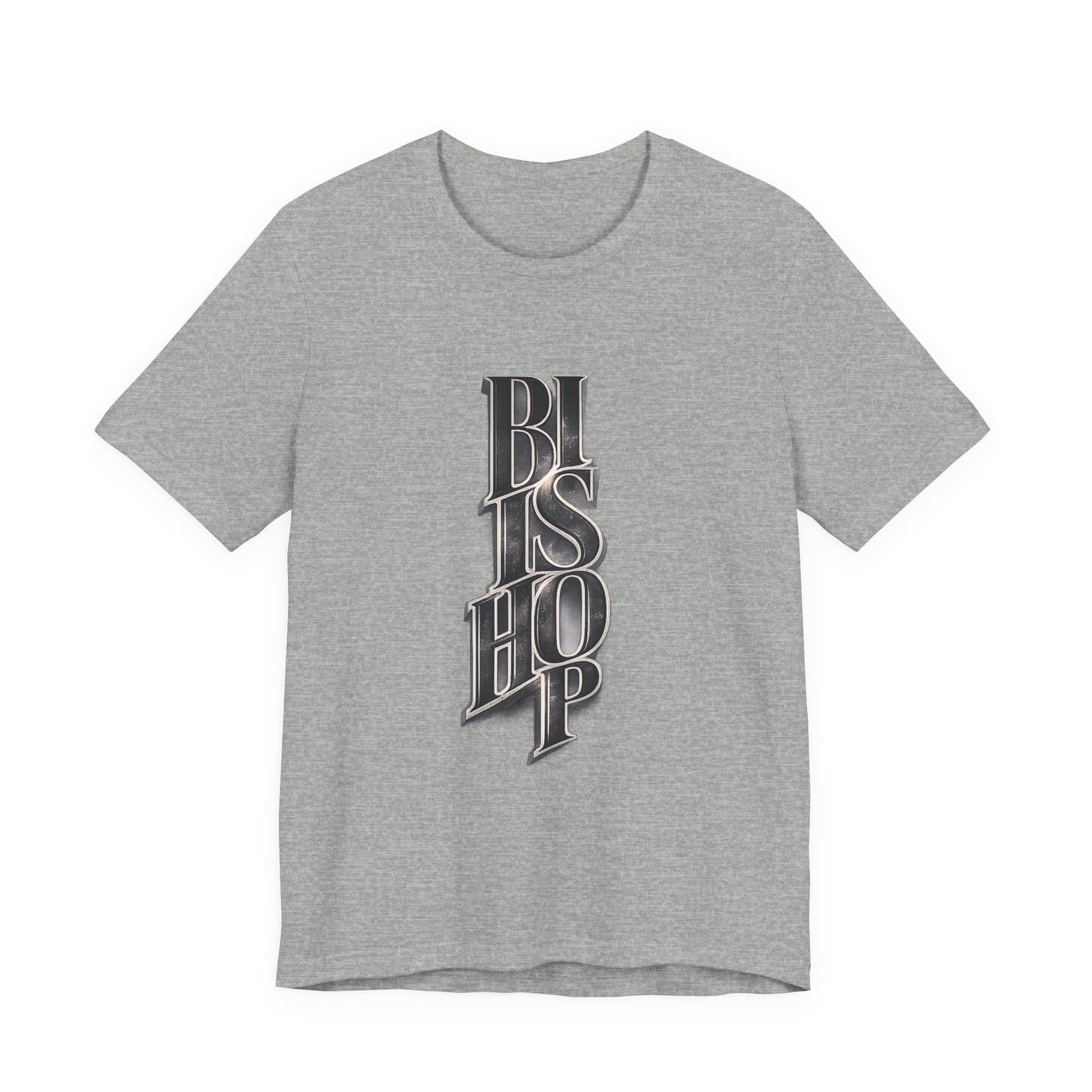 Bishop Vertical Script Tee — Vintage Gothic Lettering T-Shirt