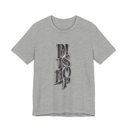 Bishop Vertical Script Tee — Vintage Gothic Lettering T-Shirt