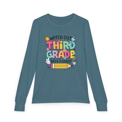 Youth Long Sleeve Tee "Watch Out Third Grade Here I Come" Back-to-School Shirt