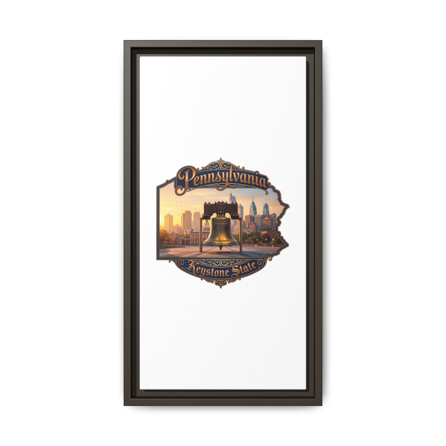 Pennsylvania Keystone State Framed Canvas Wall Art — Liberty Bell & Philadelphia Skyline