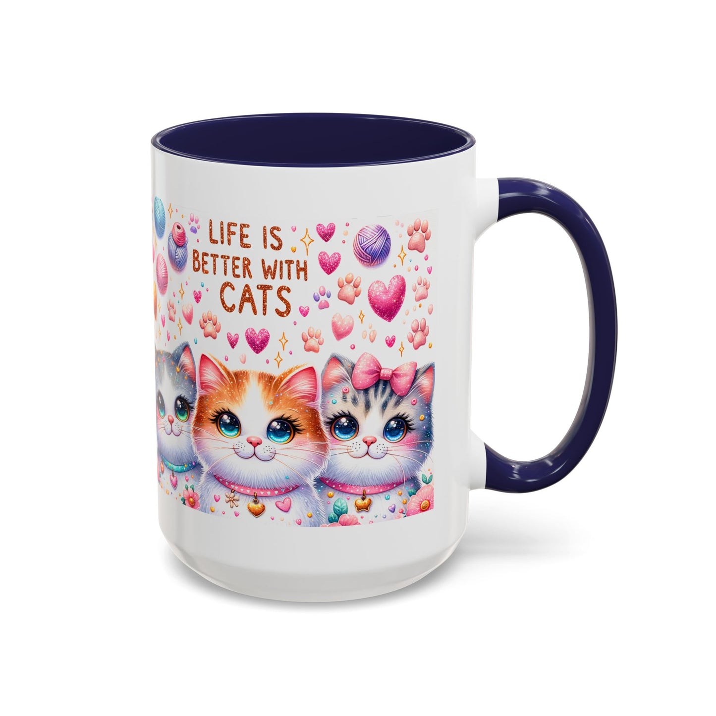 Cat Lover Accent Coffee Mug — "Life Is Better With Cats" Cute Kittens Design (11/15oz)