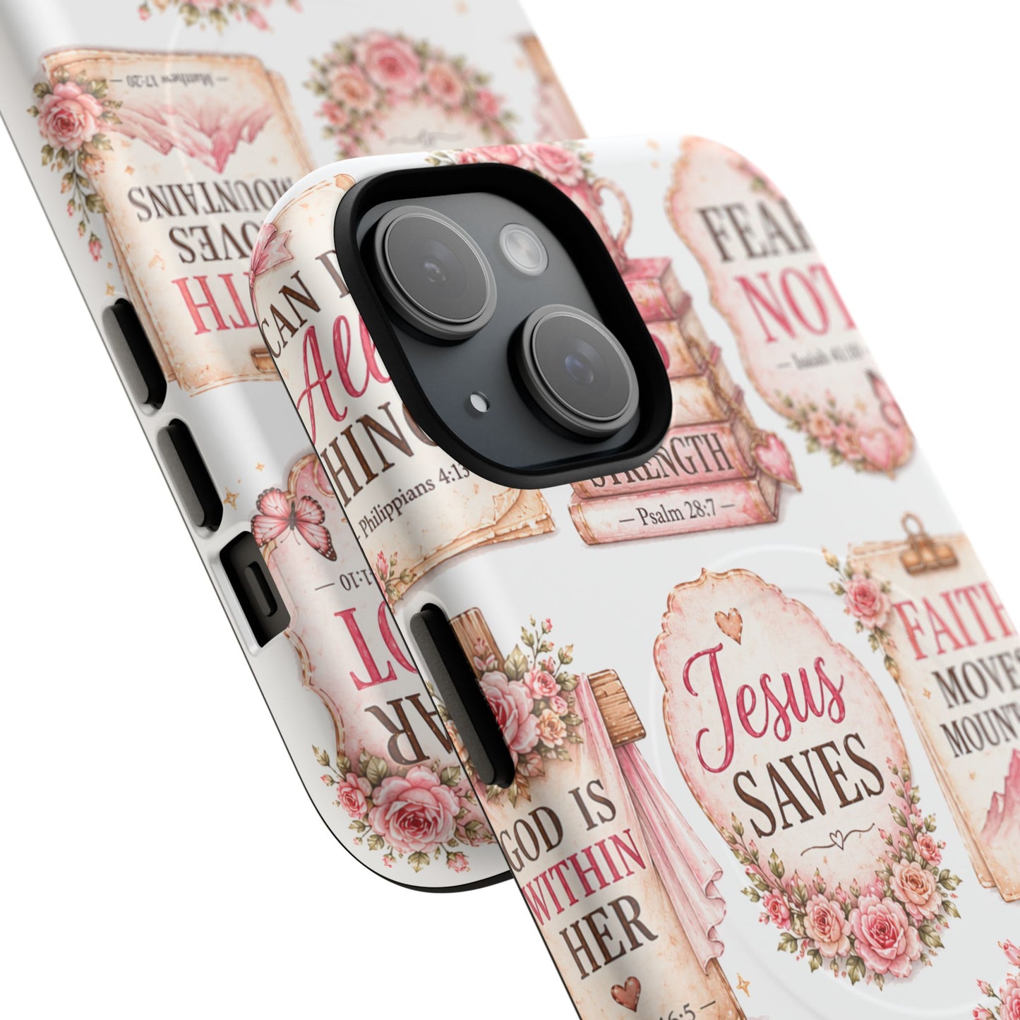 Christian Faith iPhone Tough Magnetic Case — 'Jesus Saves' Floral Scripture Design (Fear Not, Faith Moves Mountains)