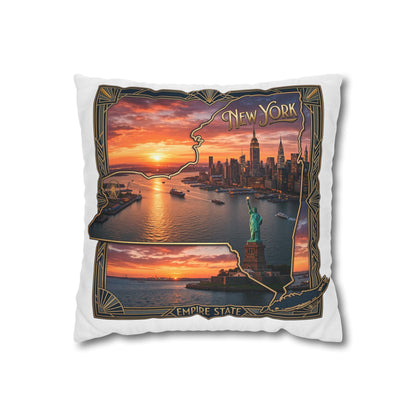 New York Skyline Sunset Decorative Pillowcase — Empire State & Statue of Liberty Throw Pillow Cover