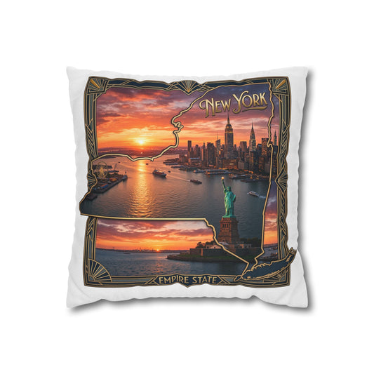 New York Skyline Sunset Decorative Pillowcase — Empire State & Statue of Liberty Throw Pillow Cover