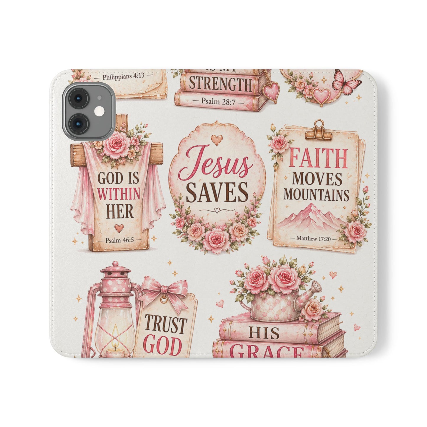 Christian Floral Phone Flip Case — "Jesus Saves" & Inspirational Scripture Wallet Cover