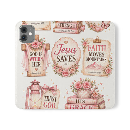 Christian Floral Phone Flip Case — "Jesus Saves" & Inspirational Scripture Wallet Cover