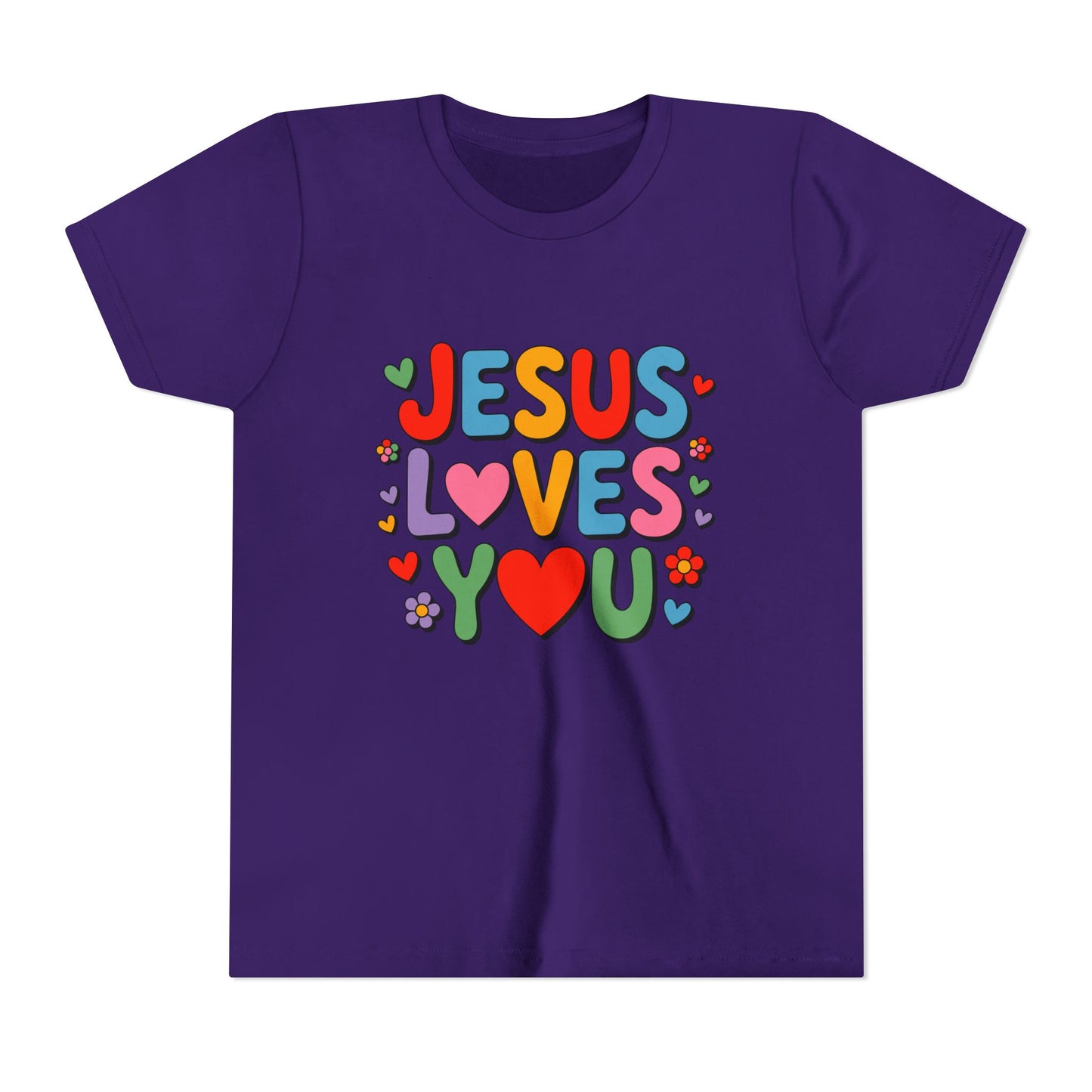 Youth Tee - "Jesus Loves You" Colorful Heart & Flower Christian Shirt