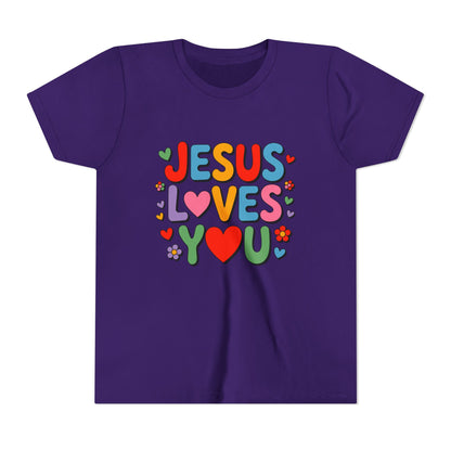 Youth Tee - "Jesus Loves You" Colorful Heart & Flower Christian Shirt