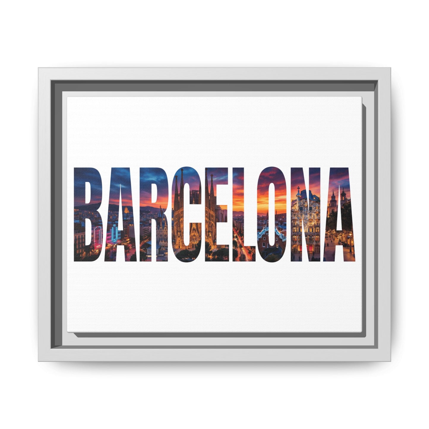 Barcelona Photo-Text Matte Canvas Print — Framed Cityscape Wall Art