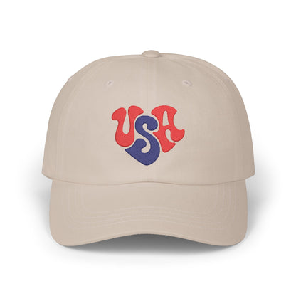 USA Heart Dad Cap — Retro Red & Blue Embroidered Baseball Hat