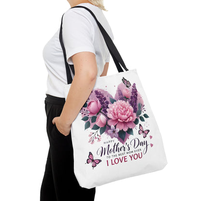 Mother's Day Floral Tote Bag - "Happy Mother's Day I Love You" Heart Bouquet