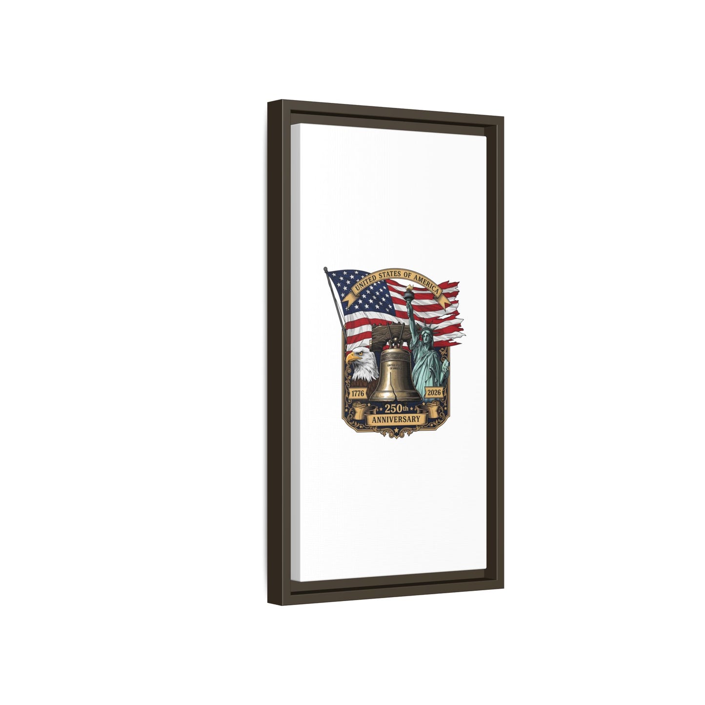 Liberty 250th Anniversary Framed Canvas Print — American Flag, Statue of Liberty & Liberty Bell Art
