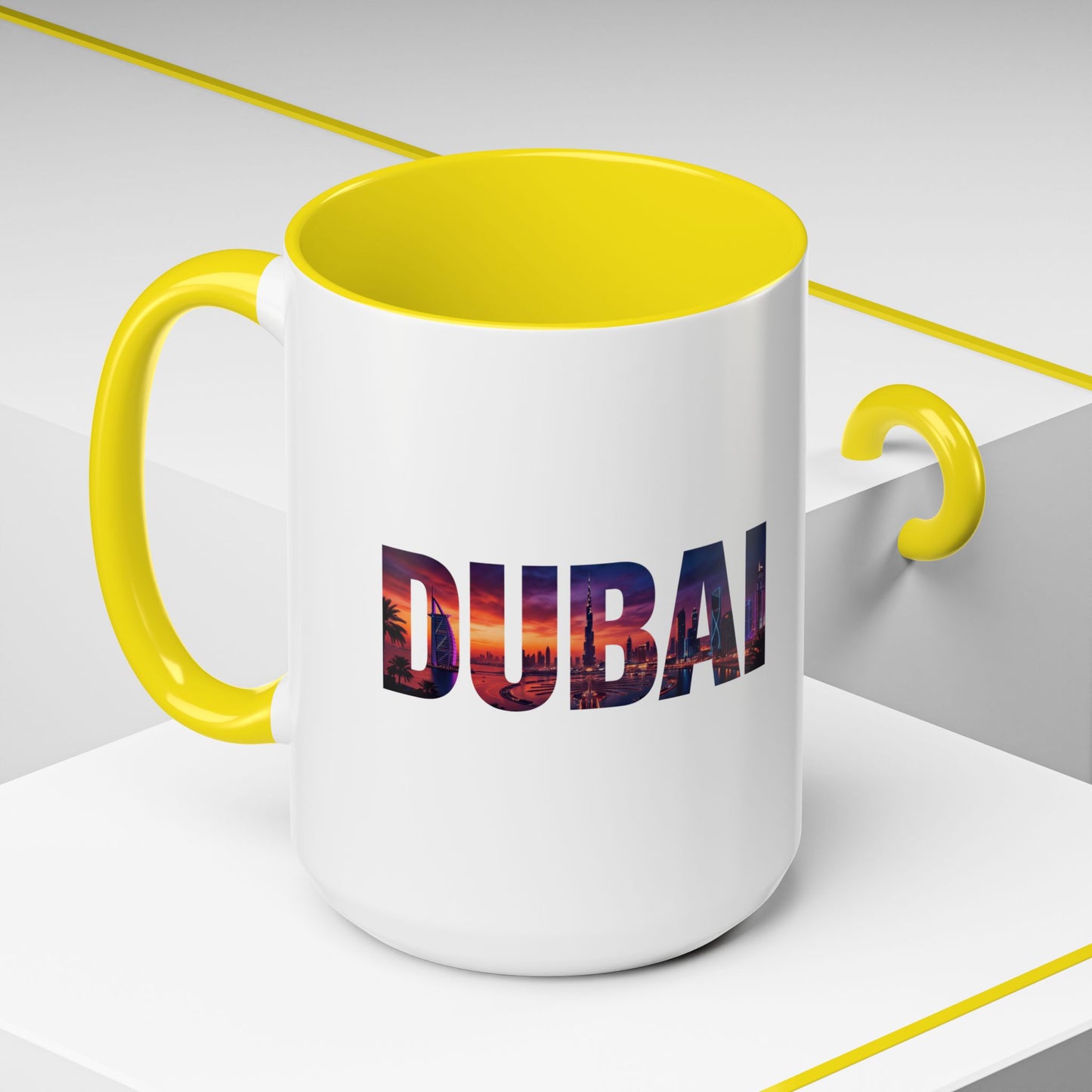 Dubai Skyline Accent Coffee Mug — Sunset City Photo Text (11/15oz)