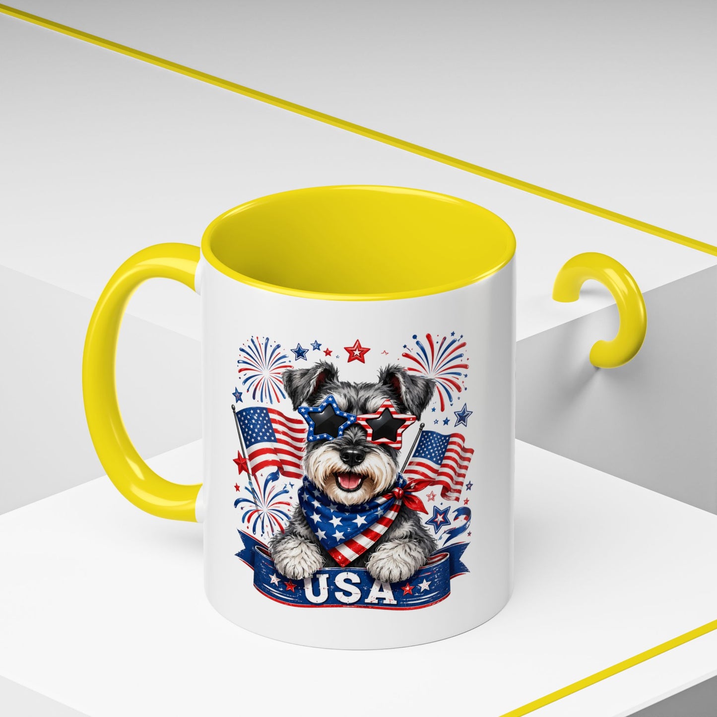 Patriotic Schnauzer Coffee Mug – USA Flag, Fireworks Accent Mug (11/15oz)