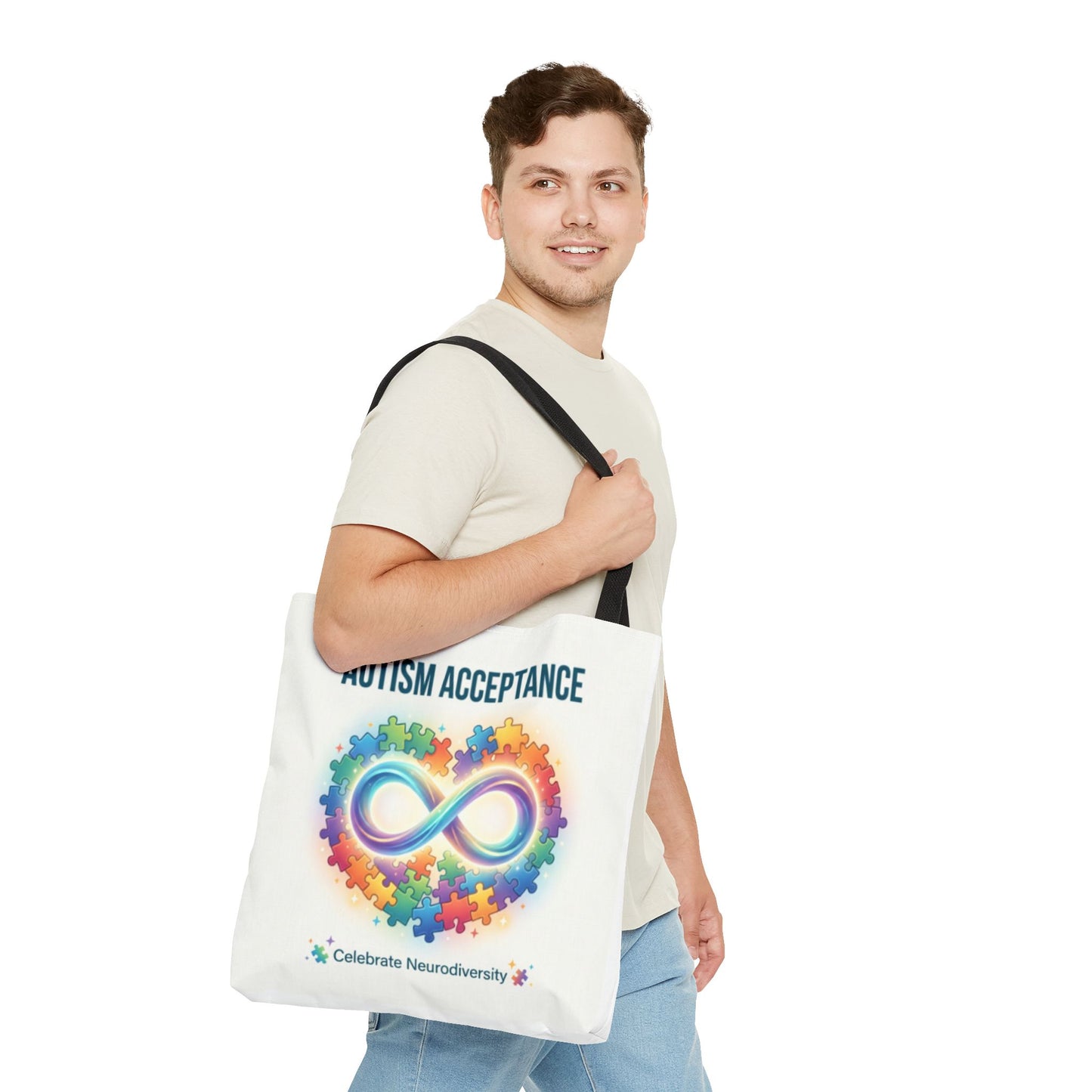 Autism Acceptance Tote Bag — Rainbow Neurodiversity Infinity Puzzle Design