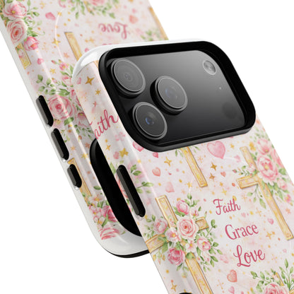 Christian Floral Cross Phone Case — "Faith Grace Love" Tough Magnetic Case