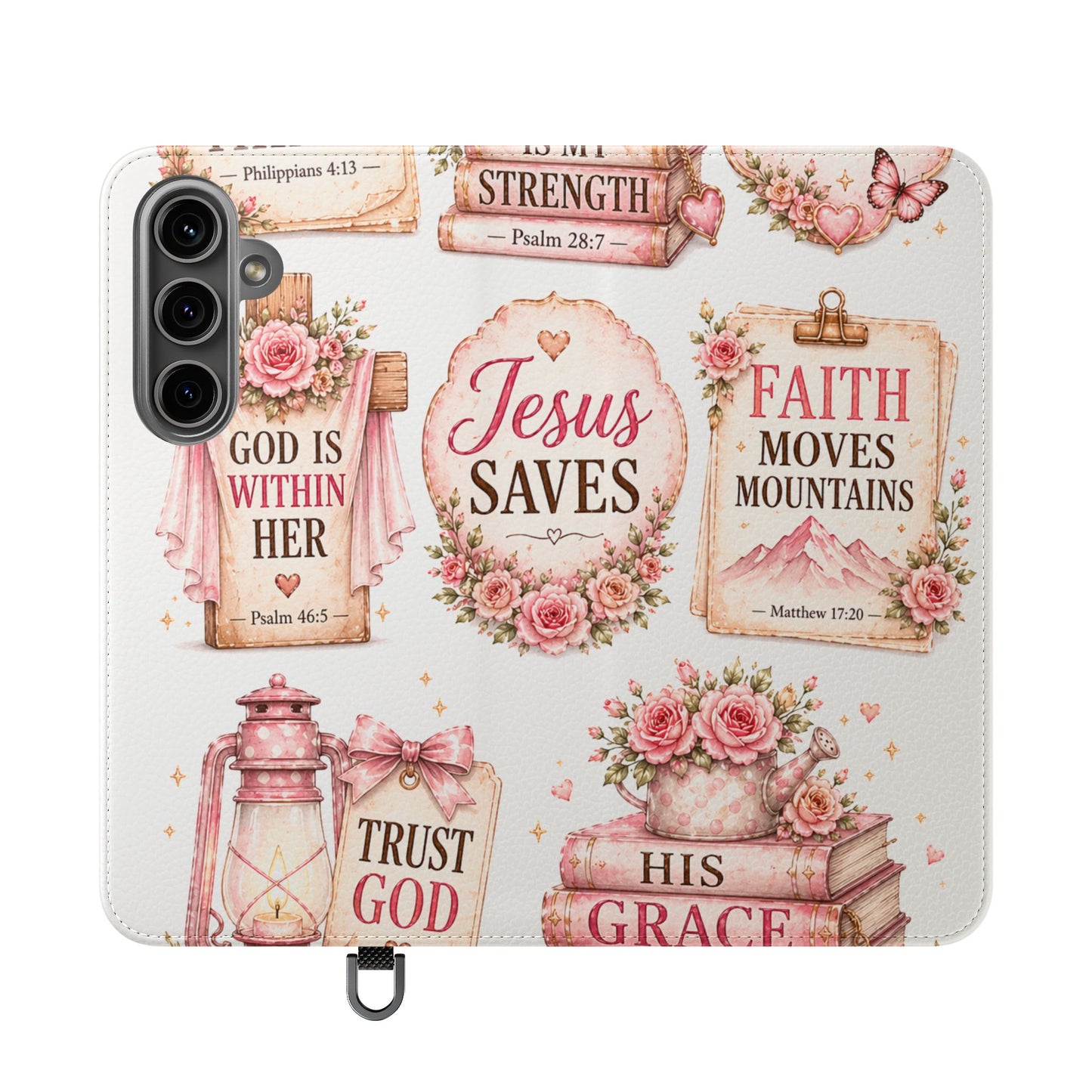 Christian Floral Phone Flip Case — "Jesus Saves" & Inspirational Scripture Wallet Cover
