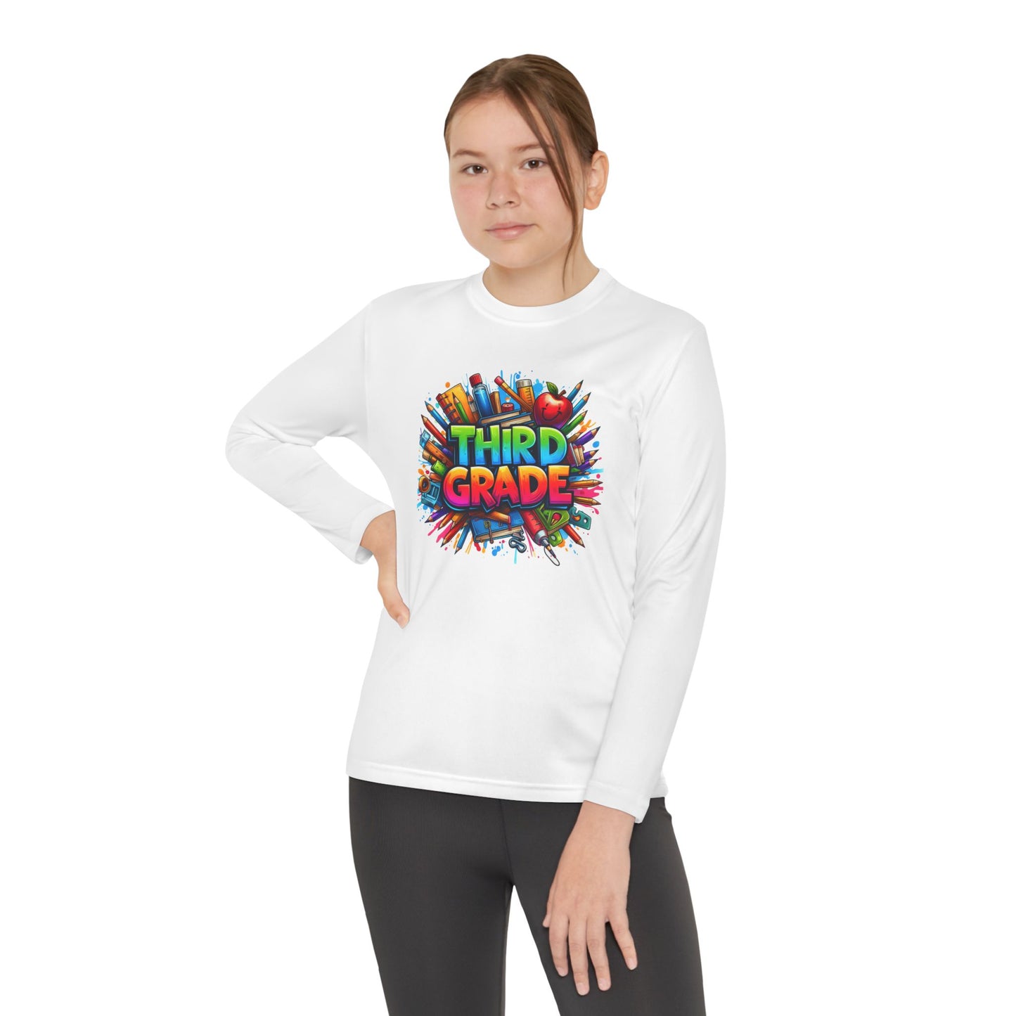 Third Grade Youth Long Sleeve Tee — Colorful School Supplies Design