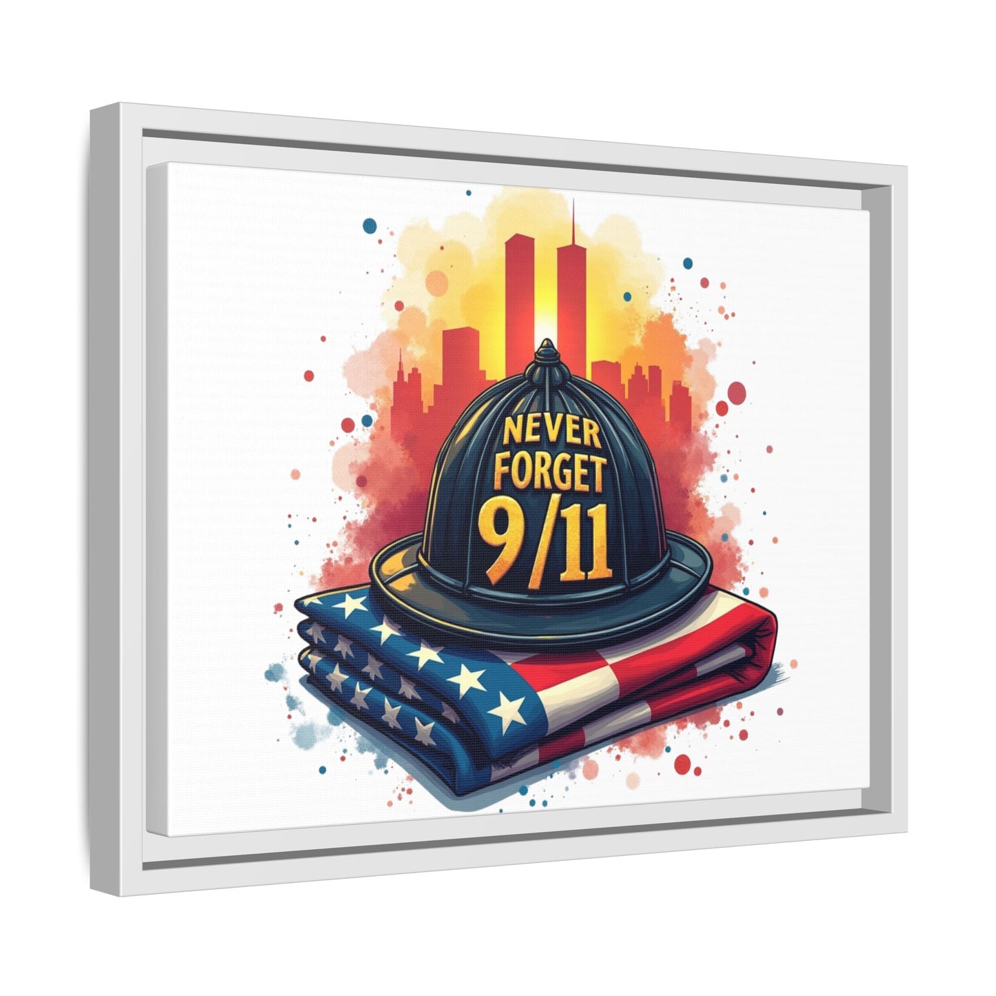 Never Forget 9/11 Framed Canvas Print — Firefighter Helmet & American Flag Memorial Art