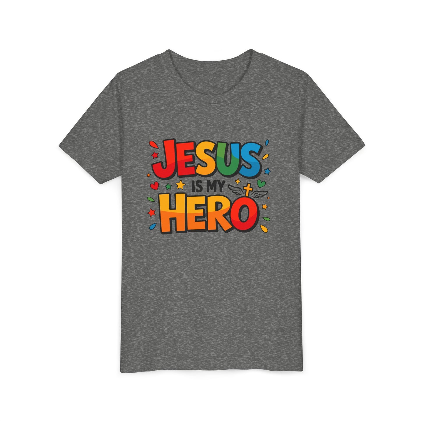 Youth Tee — "Jesus Is My Hero" Colorful Kids Christian T-Shirt