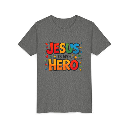 Youth Tee — "Jesus Is My Hero" Colorful Kids Christian T-Shirt