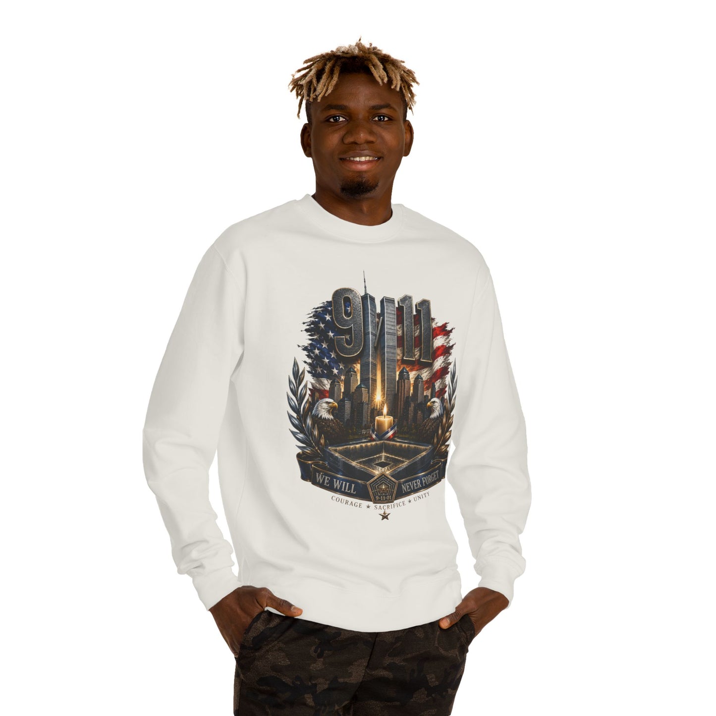 9/11 Memorial Crewneck Sweatshirt — We Will Never Forget Tribute