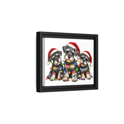 Christmas Schnauzer Canvas Print — Festive Puppies in Santa Hats (Matte Framed)