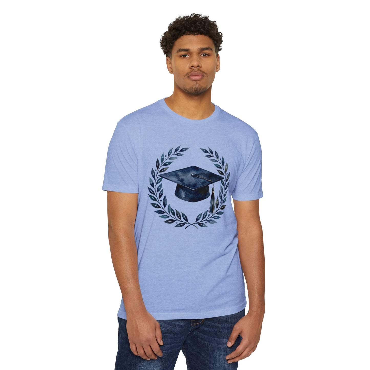 Graduation Cap Laurel T-Shirt — Navy Watercolor Grad Tee