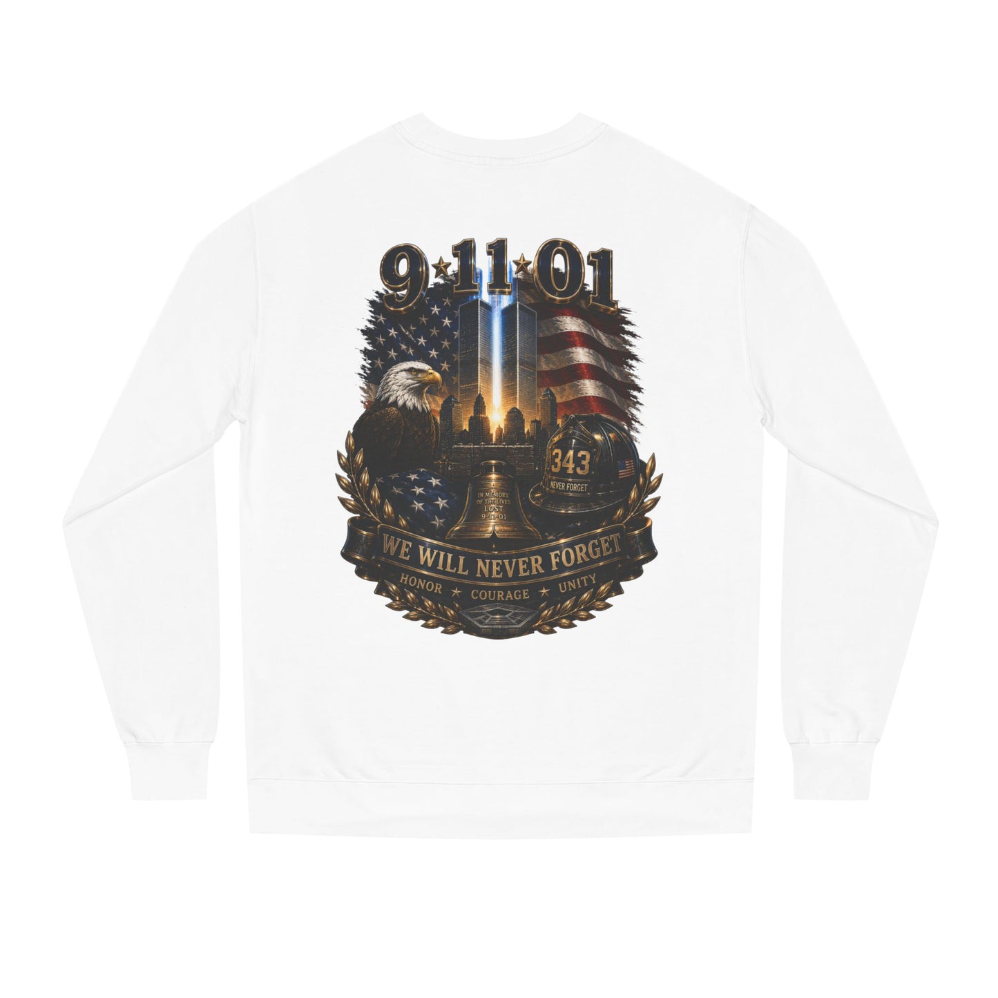 9/11 Remembrance Crewneck Sweatshirt — We Will Never Forget Memorial Tee
