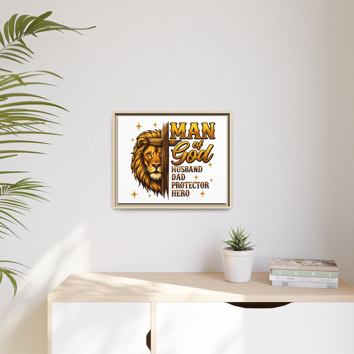 Man of God Framed Canvas Art — 'Man of God: Husband, Dad, Protector, Hero' Religious Wall Decor
