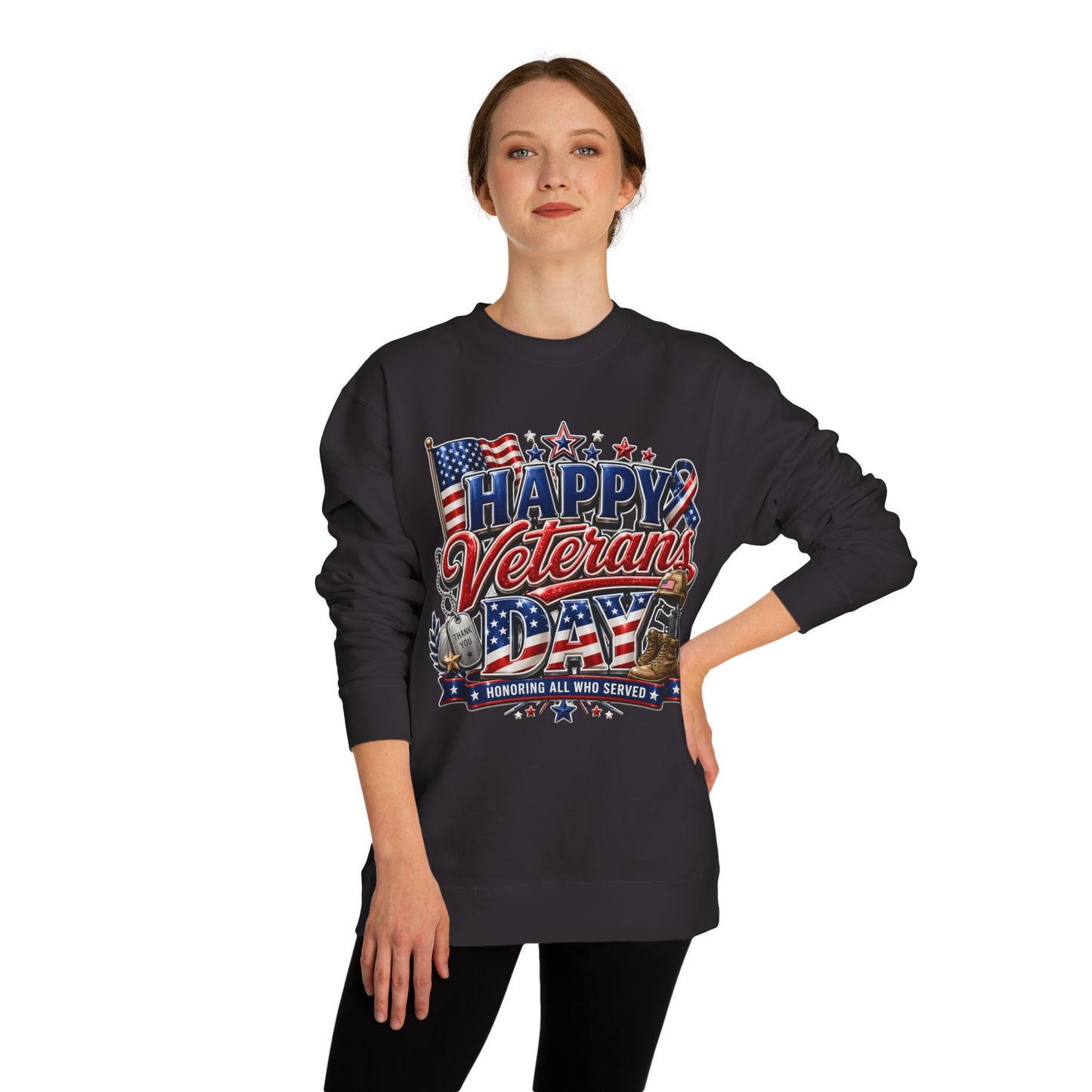 Happy Veterans Day Sweatshirt — Patriotic 'Honoring All Who Served' Crewneck