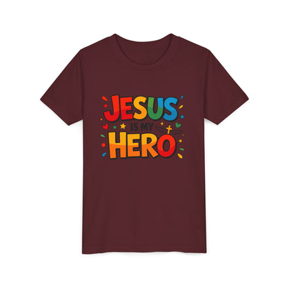 Youth Tee — "Jesus Is My Hero" Colorful Kids Christian T-Shirt