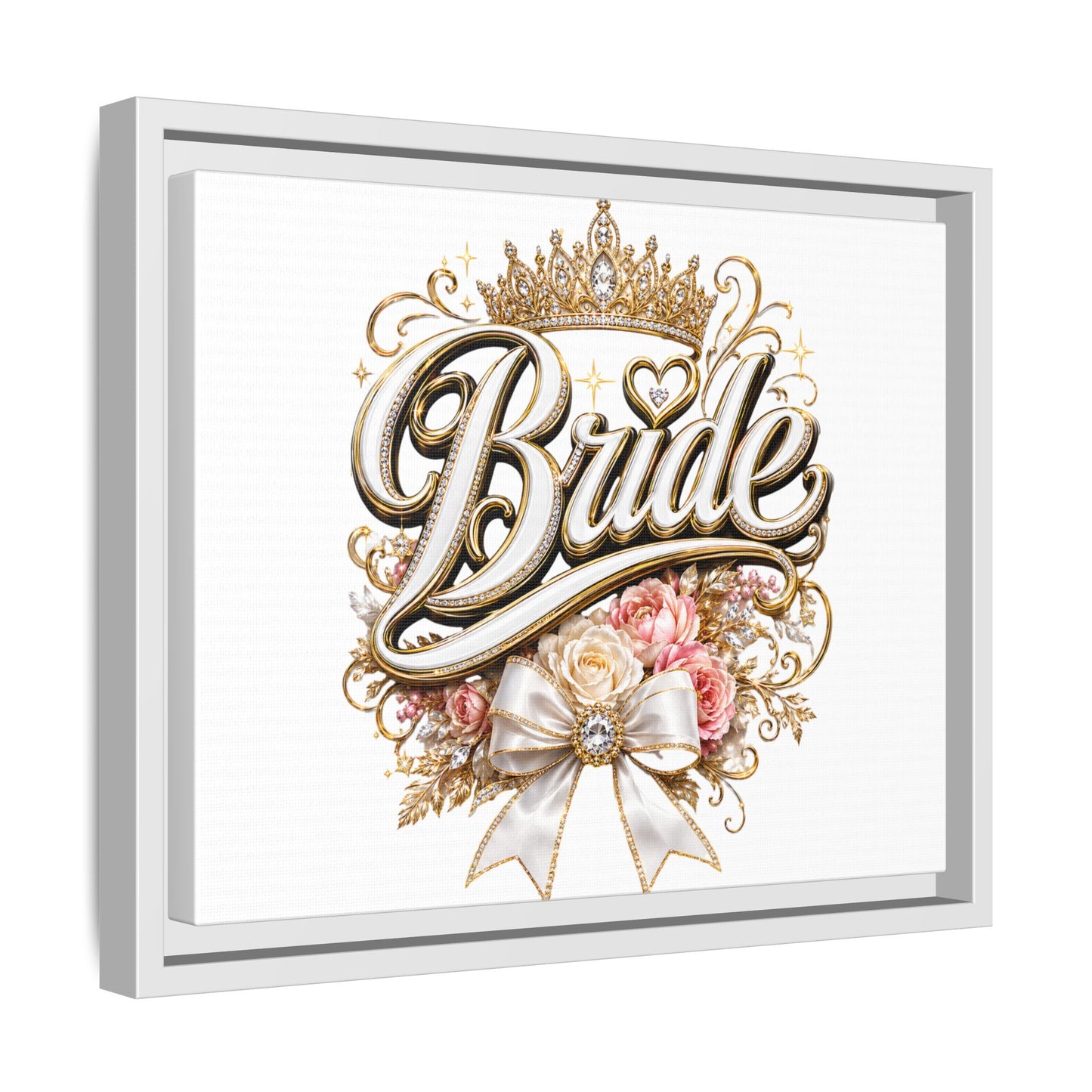 Framed Bride Canvas Wall Art — Elegant Bridal Crown & Floral Wedding Decor