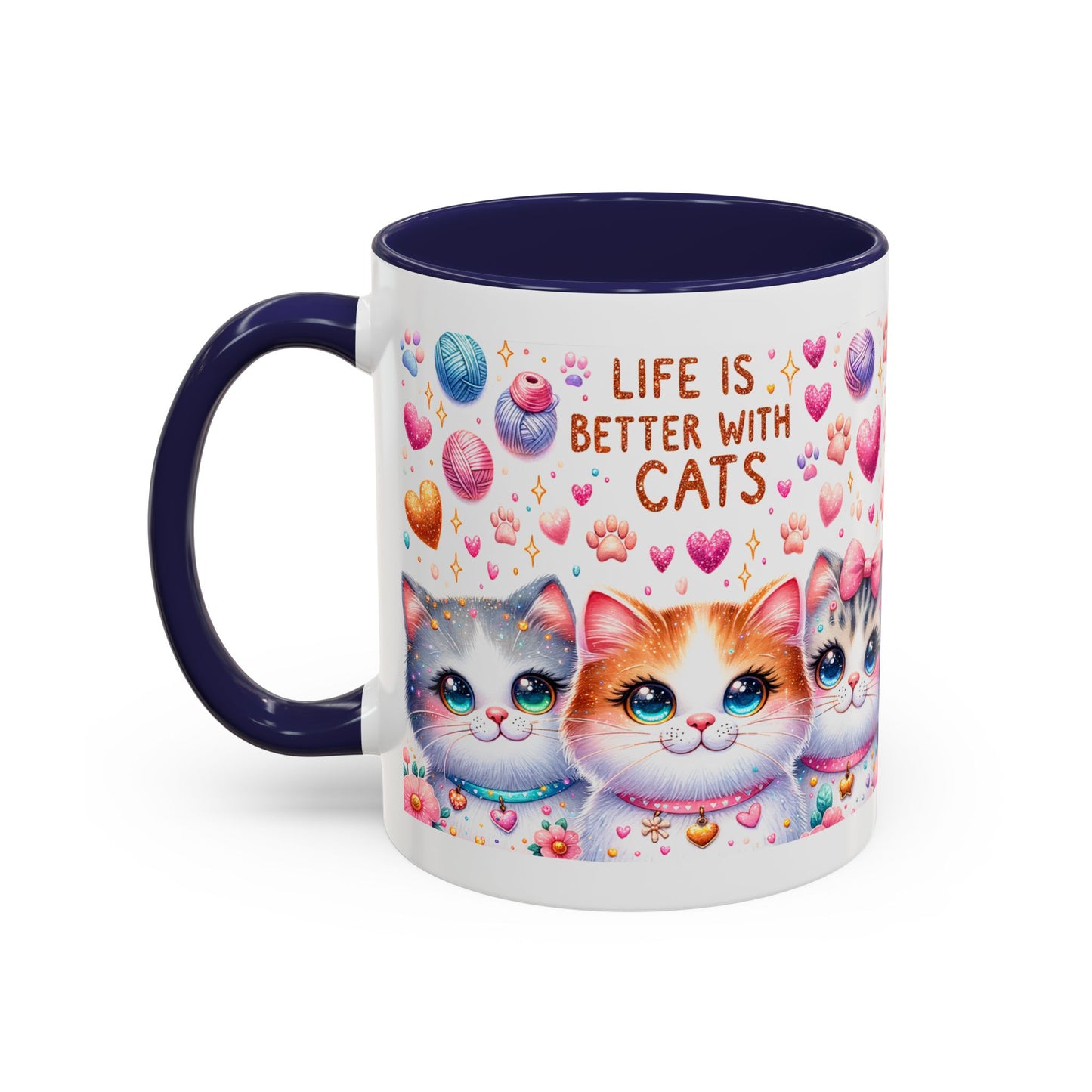 Cat Lover Accent Coffee Mug — "Life Is Better With Cats" Cute Kittens Design (11/15oz)