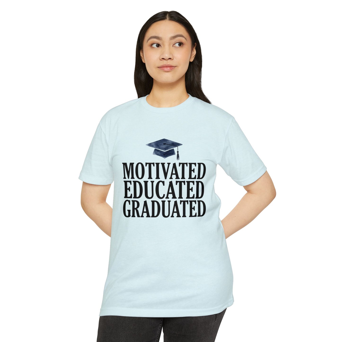 Graduation Tee — "Motivated Educated Graduated" Cap Design