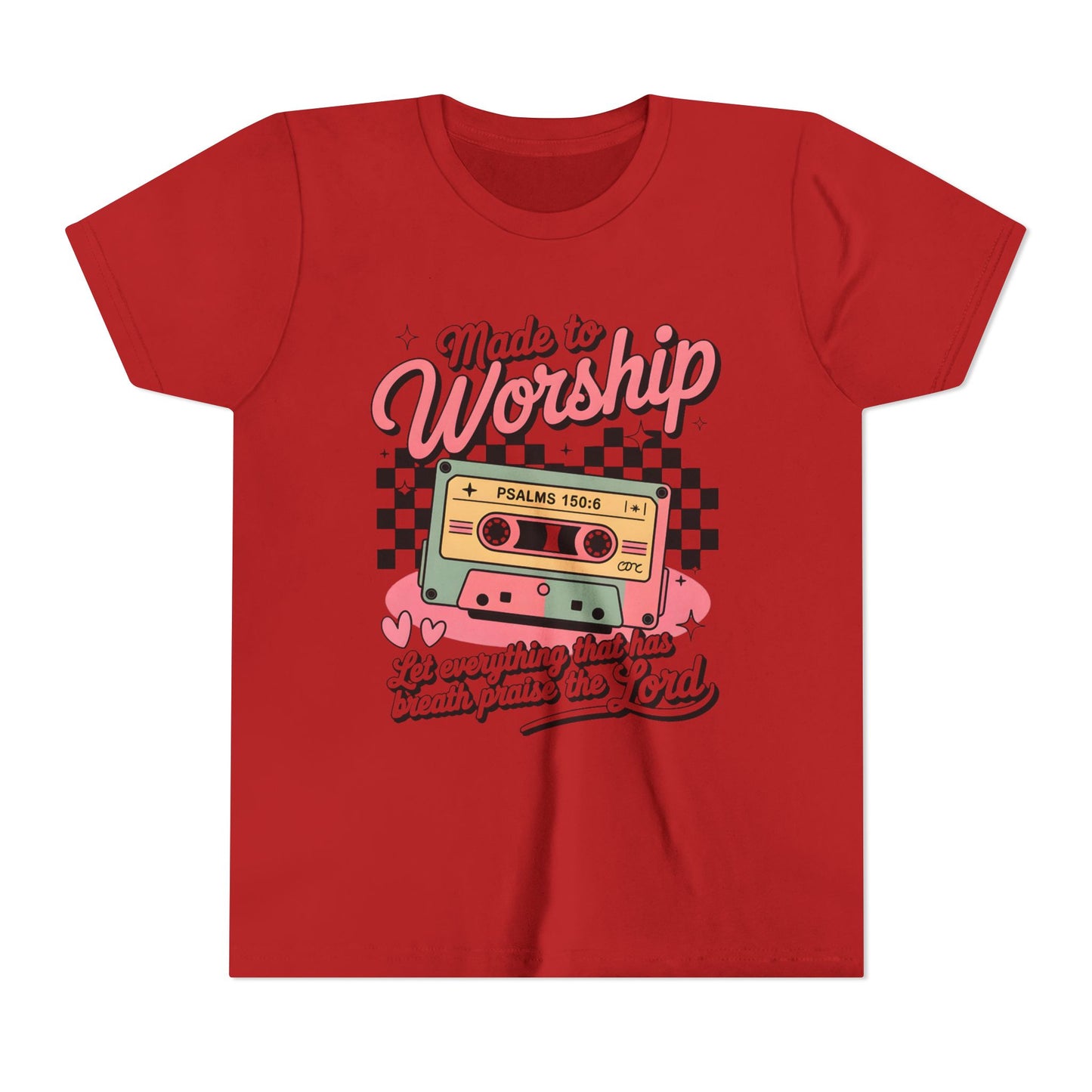 Made to Worship Youth Tee – Retro Cassette Christian Kids Shirt (Psalms 100:4)