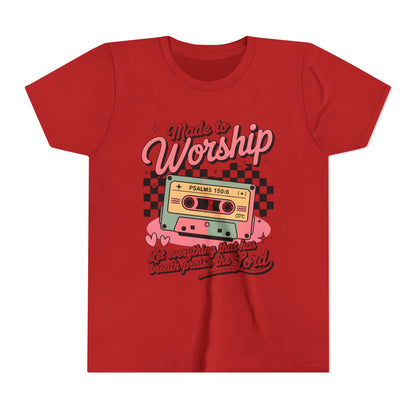 Made to Worship Youth Tee – Retro Cassette Christian Kids Shirt (Psalms 100:4)