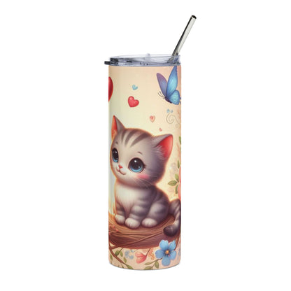 Cute Kitten Hearts 20oz Stainless Steel Tumbler — Floral Cat Travel Cup