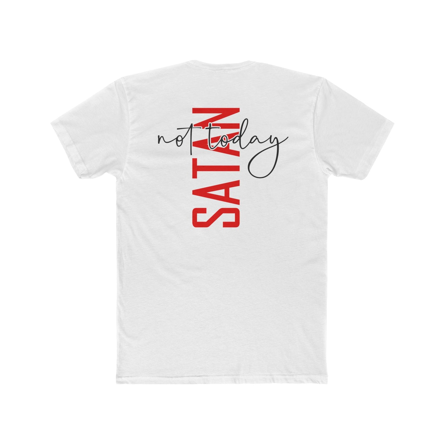 Crew Tee — "No Today Satan" Vertical Red Text Graphic T‑Shirt